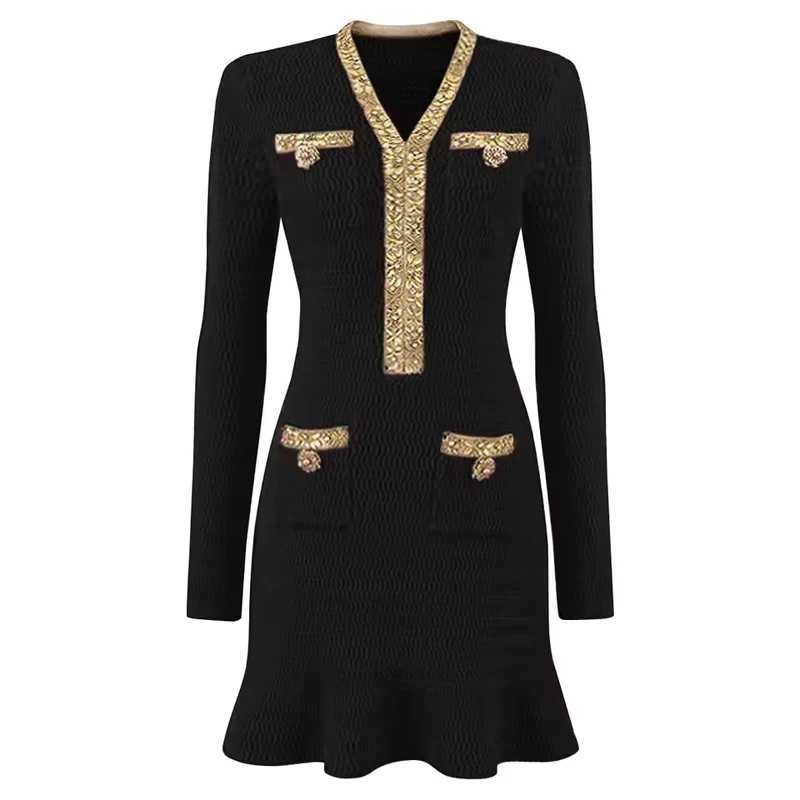 Elegant Crystal Knit Long Sleeve Mermaid Fishtail Mini Party Dress