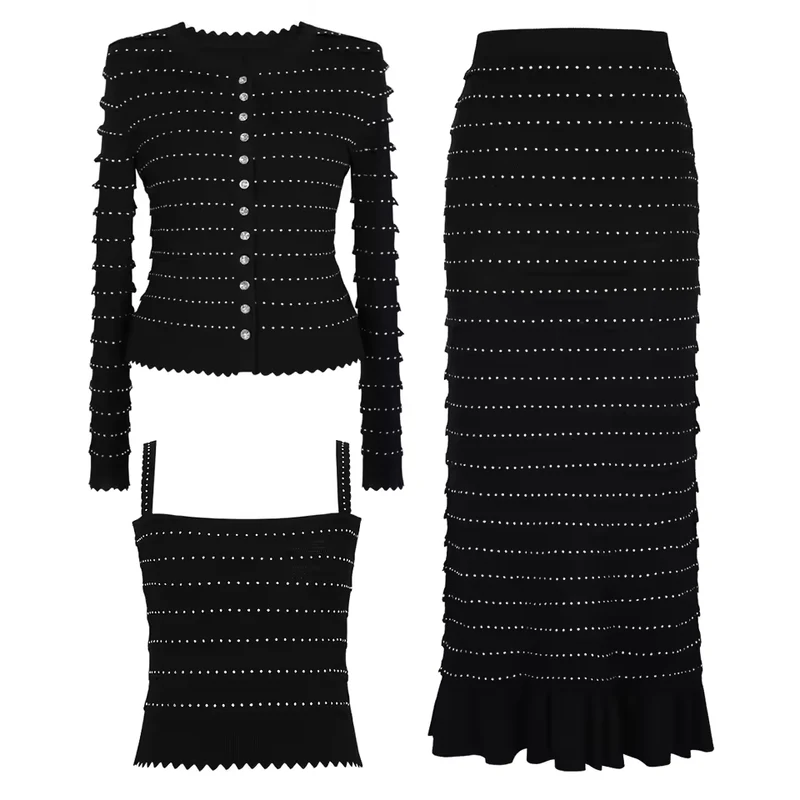 Knitted Lace Rhinestone Top Vest & Camisole with Ruffle Edge Slim Fit Half Skirt Set