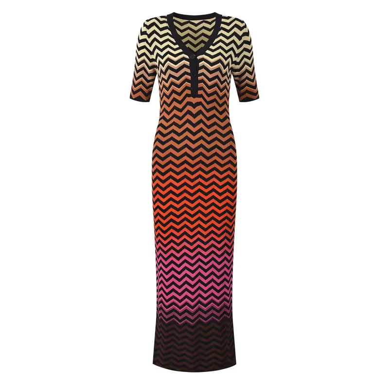 Elegant V-Neck Color Gradient Short Sleeve Wavy Knit Long Dress