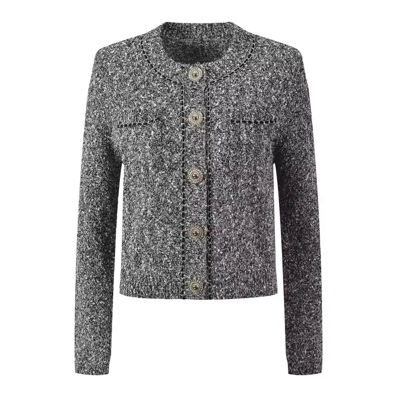 Stylish Chain Decor O-Neck Long Sleeve Single-Breasted Knit Cardigan