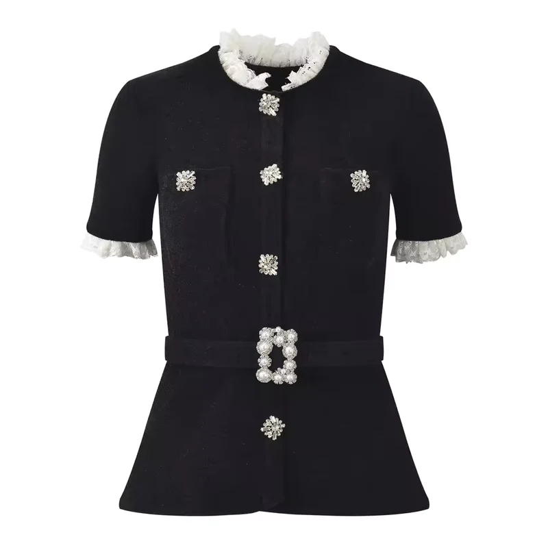 Vintage French Lace Patchwork O-Neck Short Sleeve Knit Cardigan with Belt