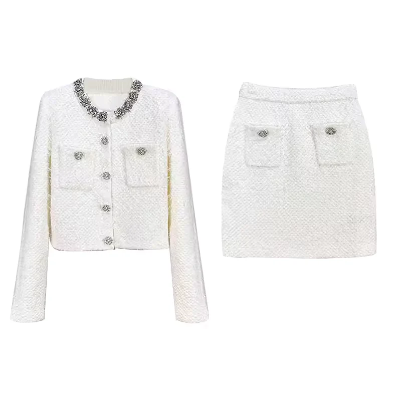Luxury Rhinestone Beaded Knit Cardigan & Mini Pencil Skirt Set