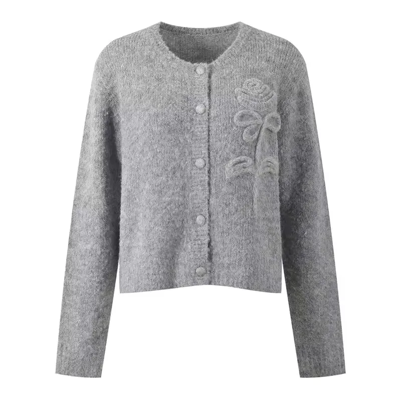 Solid Rose Accent O-Neck Long Sleeve Knit Cardigan