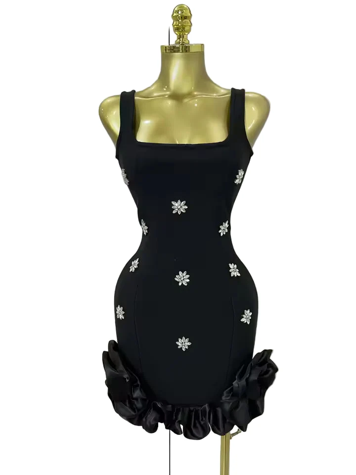 Crystal Ruffle Sleeveless Bodycon Mini Bandage Dress
