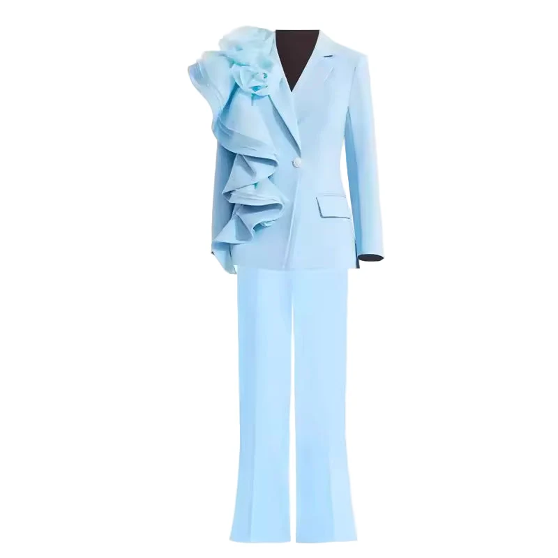 Slim Fit Appliqué Patchwork Two-Piece Pant Set with Lapel Top