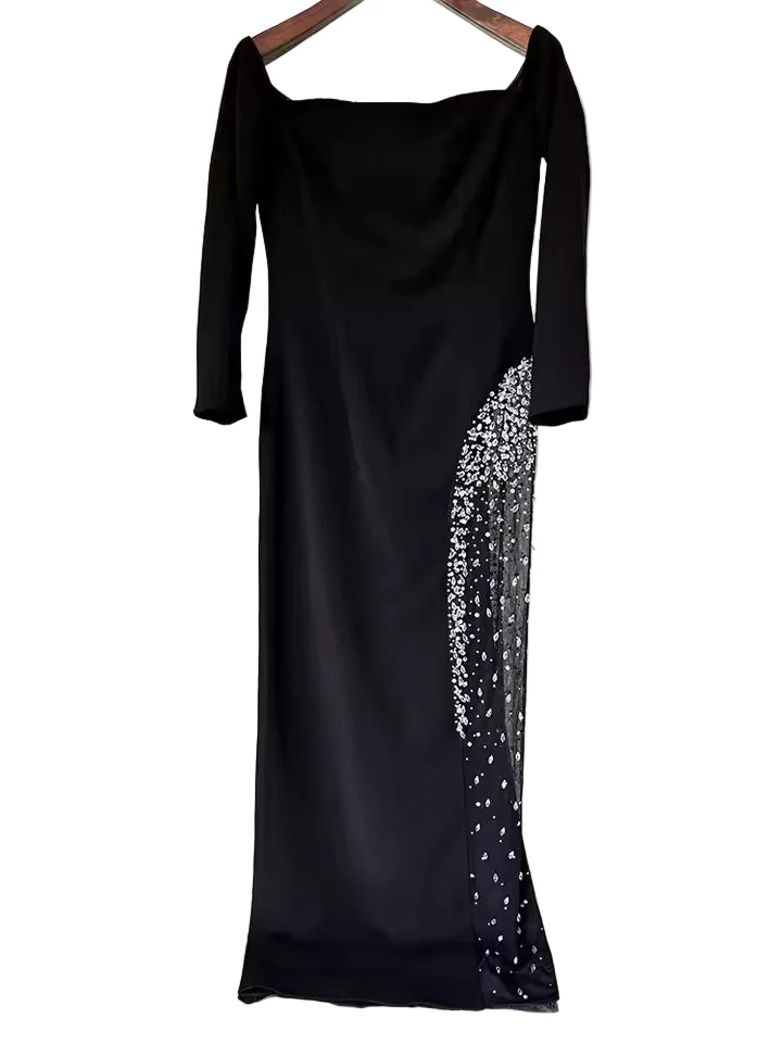Diamond Beaded Off-Shoulder Patchwork Mesh Maxi Dress