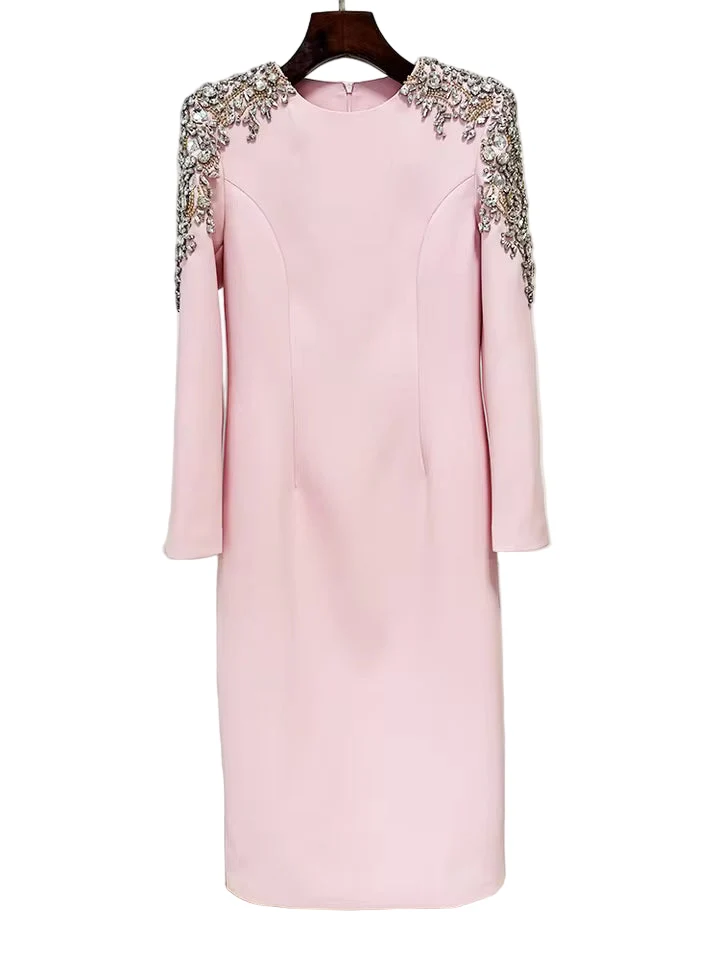Diamond Beaded Long Sleeve Elegant Dress