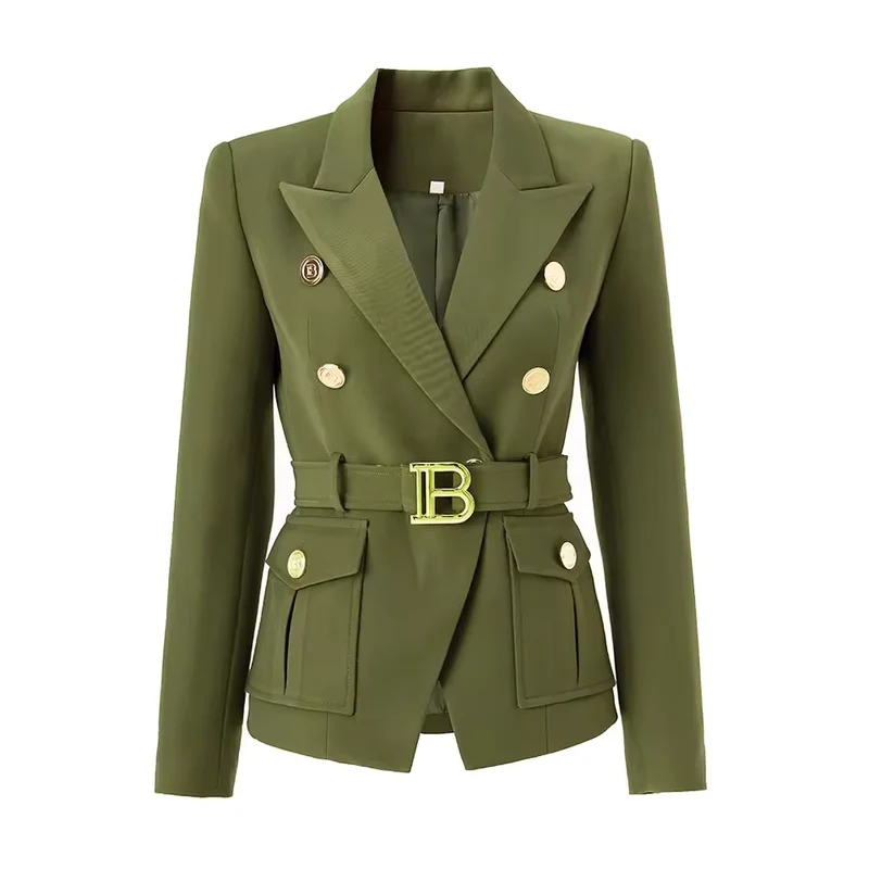 Army Green Belted Blazer with Pockets