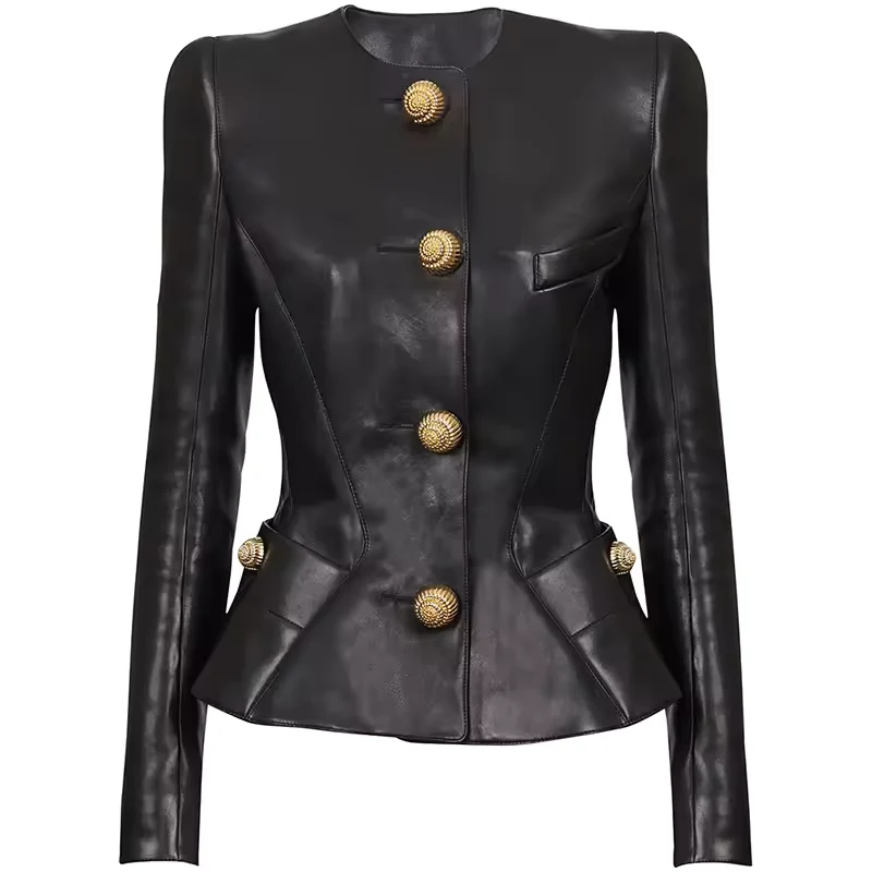 PU O-Neck Single-Breasted Slim Jacket
