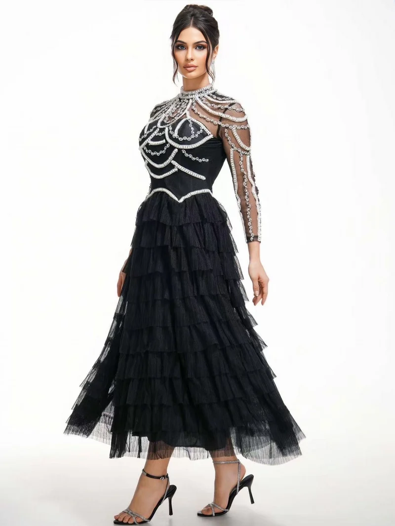 Black Embellished Tiered Tulle Evening Dress