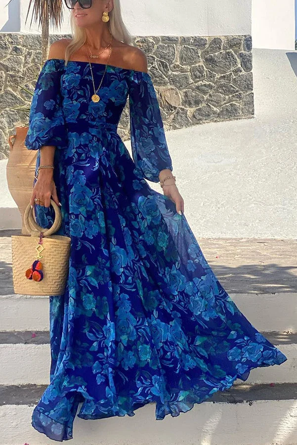 Mia | Romantisk Off Shoulder Maxiklänning Dam med Blommiga Detaljer