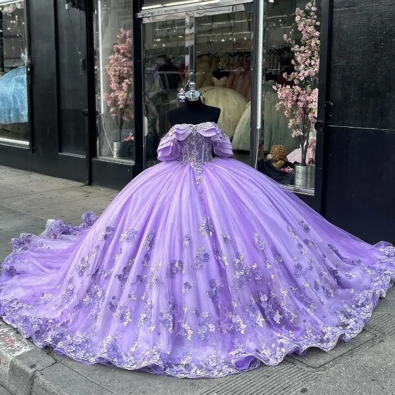 Lila Off-Shoulder Balklänning med 3D Blommig Tyllkjol