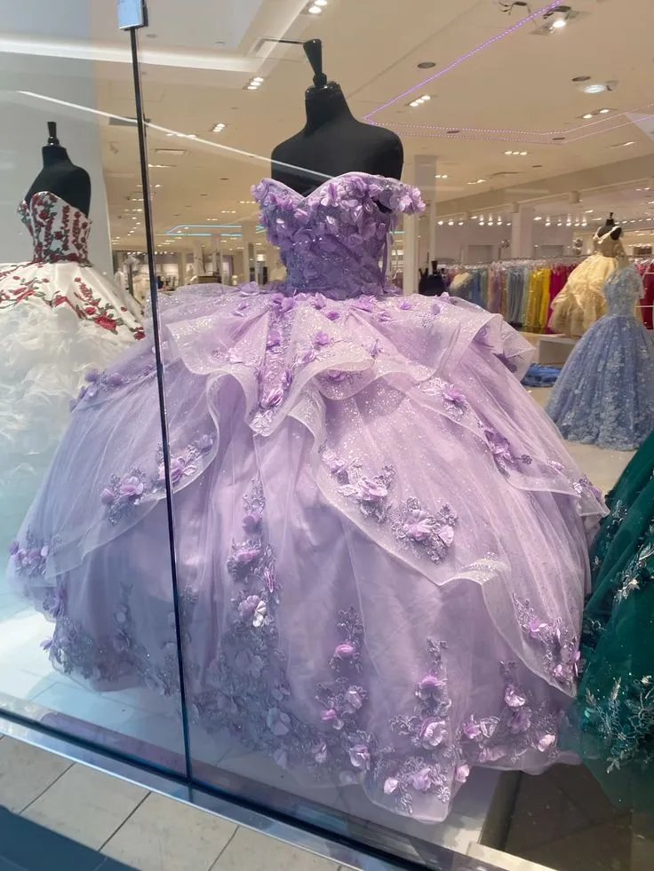 Lavendelfärgad Tyll Quinceanera Balklänning Balklänning Prinsessklänning Snörning