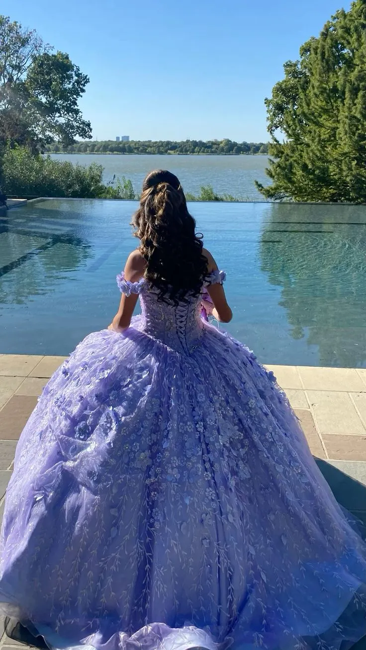 Lavendelfärgad 3D-blomma Hjärtformad tyllbalklänning Quinceanera-klänning