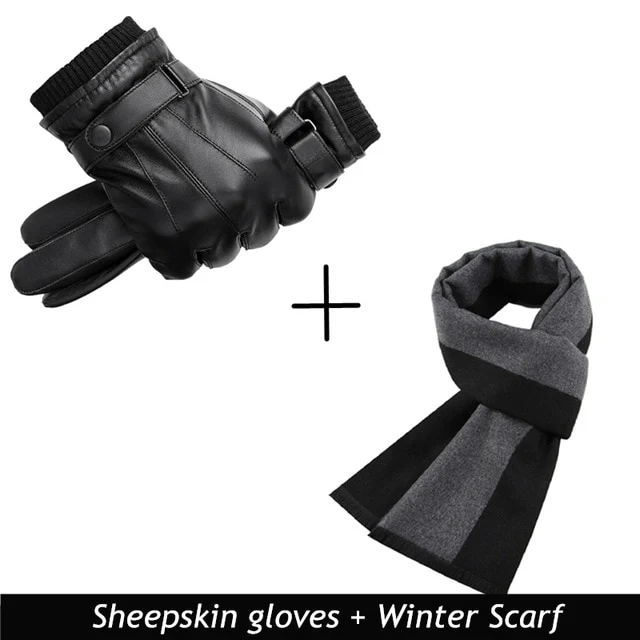 Men Genuine Sheepskin Leather Gloves Autumn Winter Warm Touch Screen Full Finger Black Gloves High Quality S019