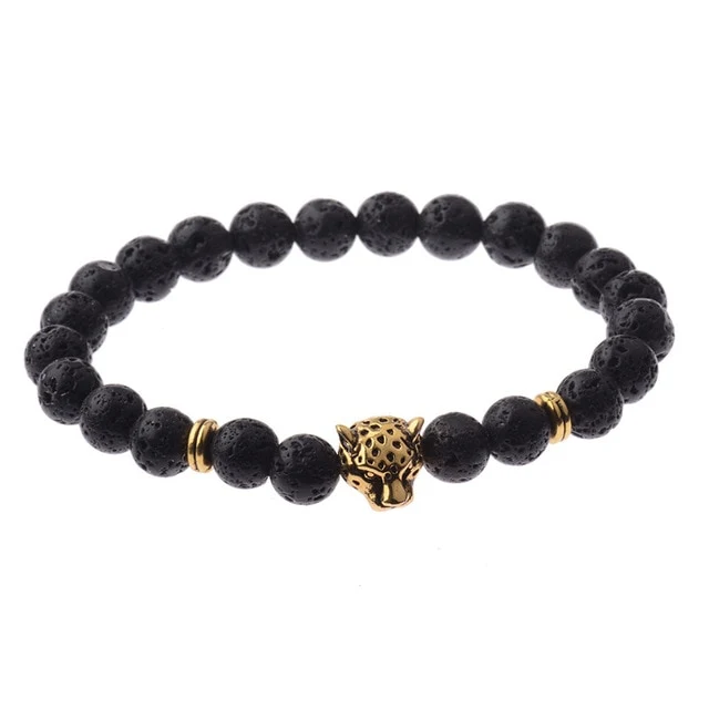 Weathering Stone Leopard Head Beaded Bracelet For Men New Fashion Natural Stone Tiger Eye Onyx Lava Beads Bracelets