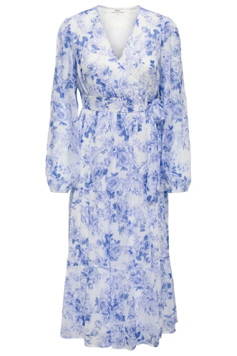 Only - Onlmiriam Ls Wrap Midi Dress - 5054957 Bel Air Blue Porcelain Flowers