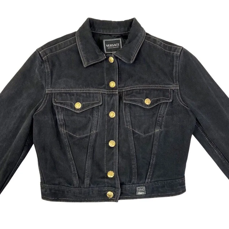 Vintage 90s Black Versace Jeans Denim Button Down Crop Jacket 12 14 M