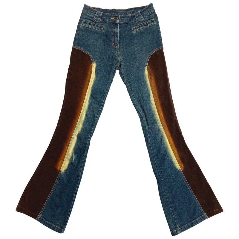 Vintage 90s Y2K Blue Denim Flared Corduroy Mid Rise Jeans 8 S