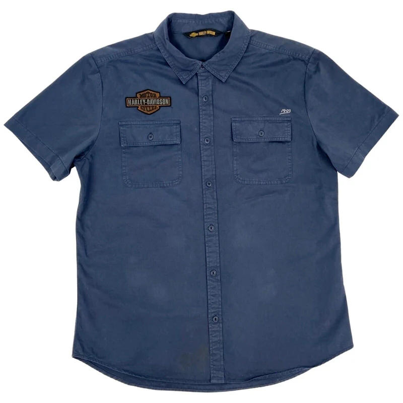 Vintage 90s 00s Blue Harley Davidson Button Down Graphic Print Shirt L XL