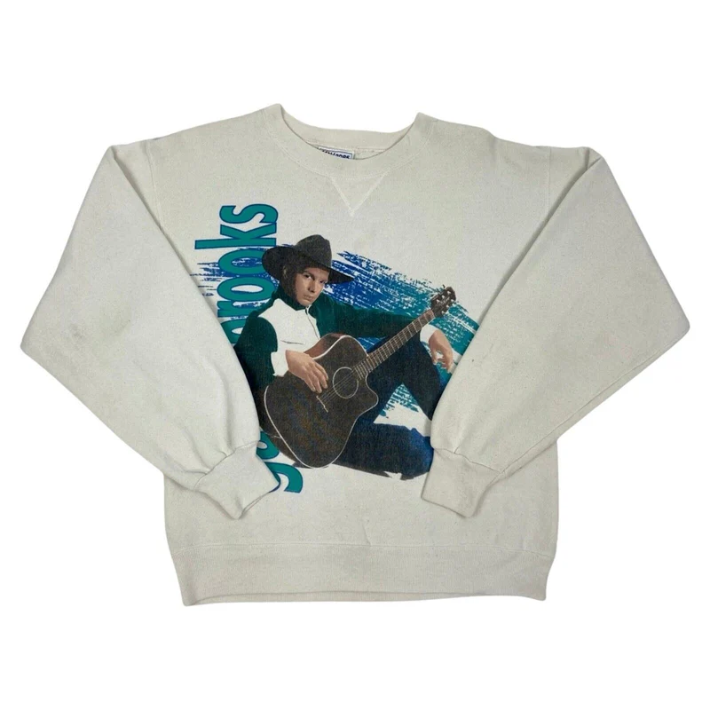 VTG 1992 White Blue Garth Brooks Double Graphic Music Sweatshirt Jumper M