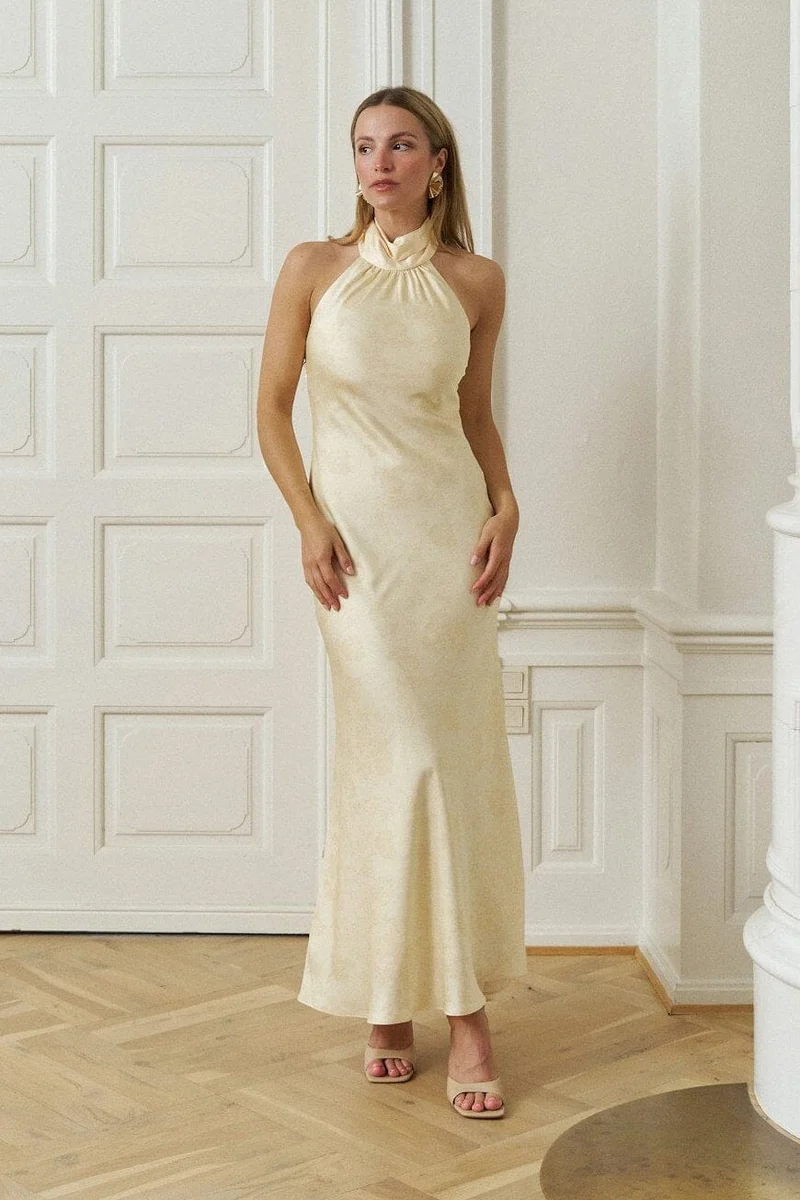 Neo Noir - Fiona Pattern Satin Dress 168367 - 191 - Light Yellow