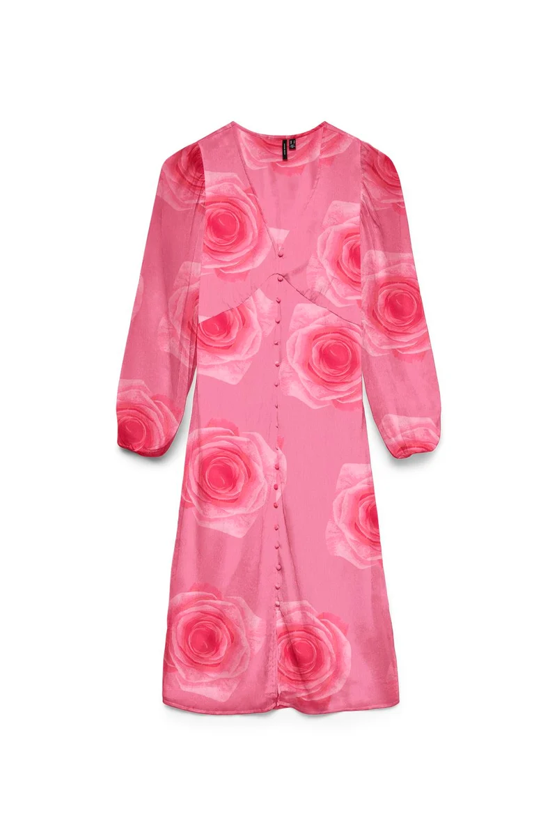 Vero Moda - Vmsmilla Ls V-Neck Calf Dress - 5048308 Fuchsia Pink Rose