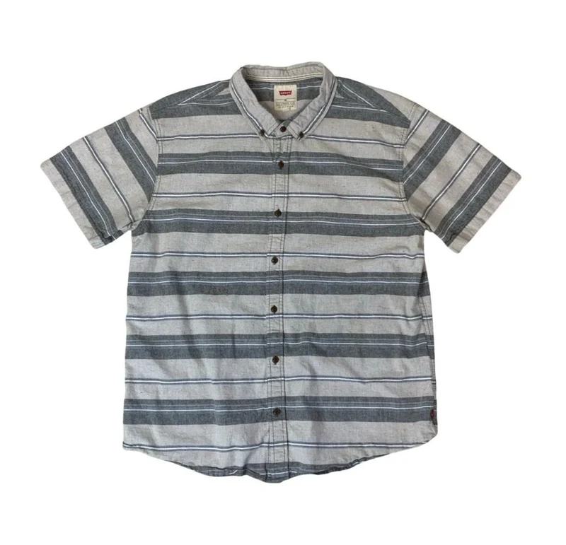 LEVI'S AUTHENTIC GREY BLUE STRIPE BUTTON-DOWN SHORT SLEEVE SHIRT LARGE 45"