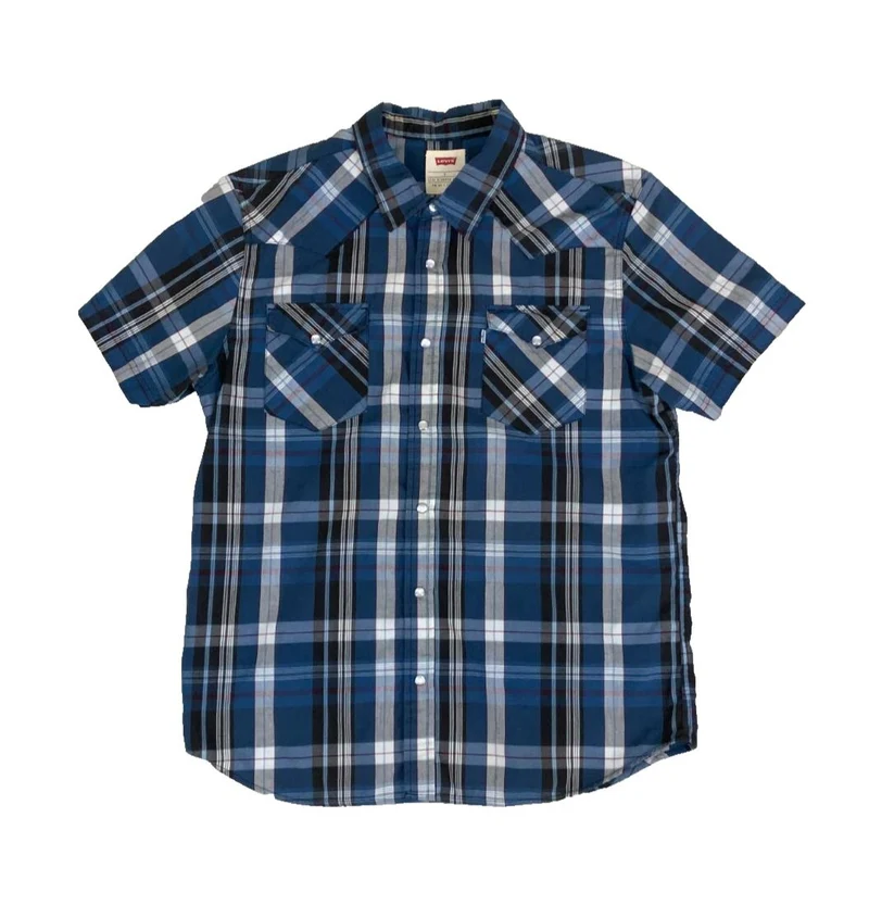 VTG 90S LEVI'S WESTERN BLUE GREY WHITE PLAID SHORT SLEEVED SHIRT M