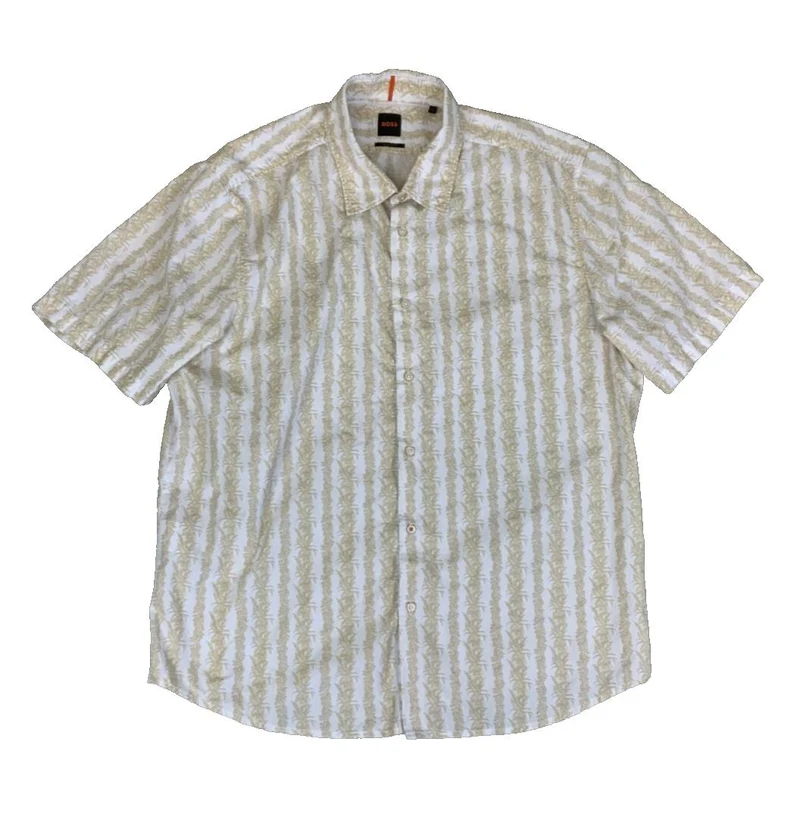 VTG 90S BOSS BEIGE BOTANICAL HAWAIIAN SHORT SLEEVED SHIRT XL