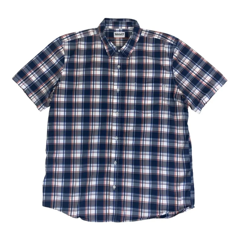 VTG 90S TIMBERLAND BLUE WHITE PINK PLAID SHORT SLEEVED SHIRT L XL