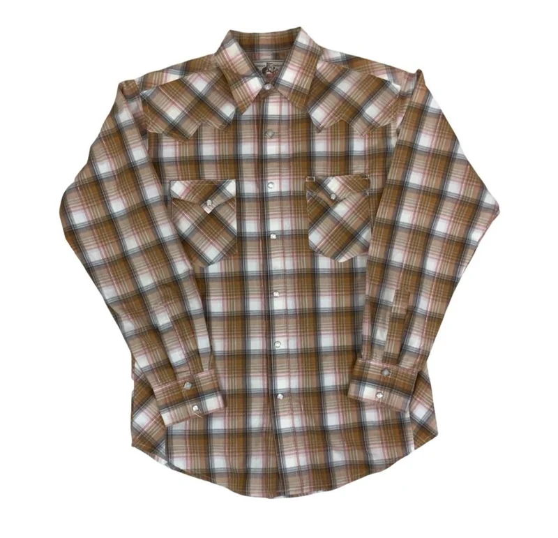 VTG WRANGLER AMERICAN COWBOYS WESTERN ORANGE BROWN WHITE PLAID SHIRT M