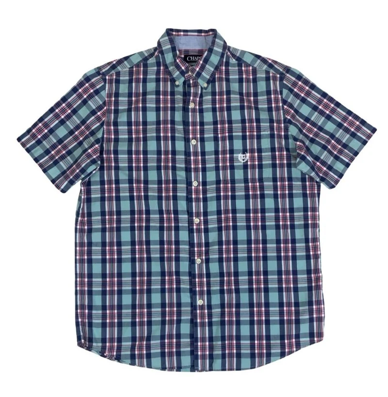 VTG 90S CHAPS BLUE RED PLAID SHORT SLEEVED BUTTON DOWN SHIRT LARGE