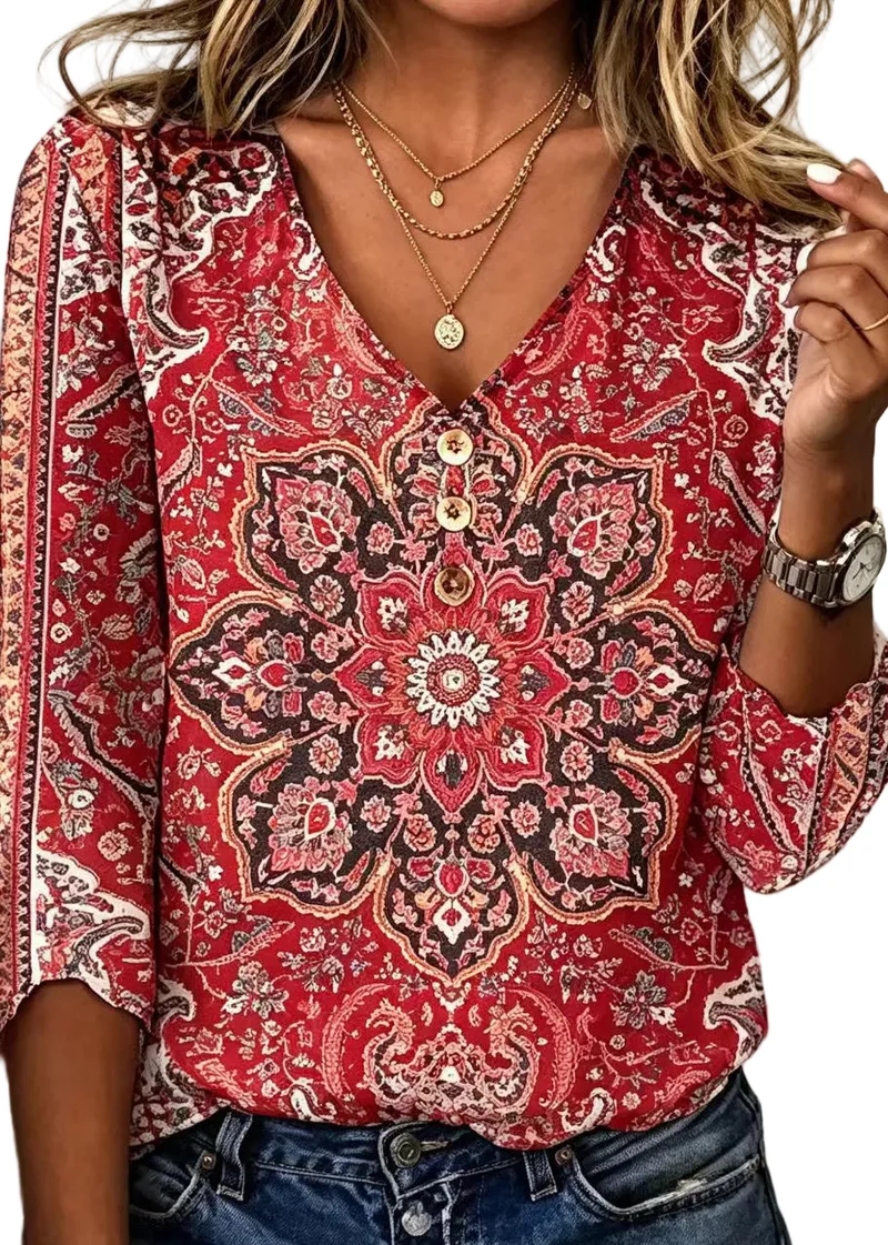 Kvinnors V-ringad Blus Bohemisk Stil