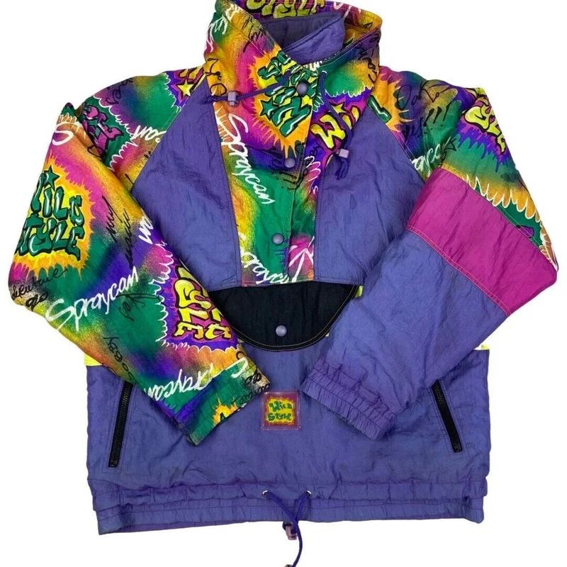 Vintage 90s Multi-Coloured The Wild Style 1/2 Zip Graffiti Patterned Jacket Extra Large