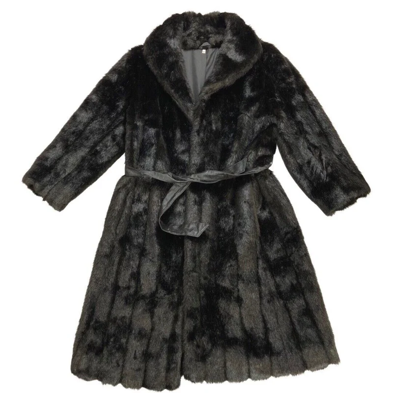 Vintage 70s 80s Black Belted Long Faux Fur Coat 16 18 L