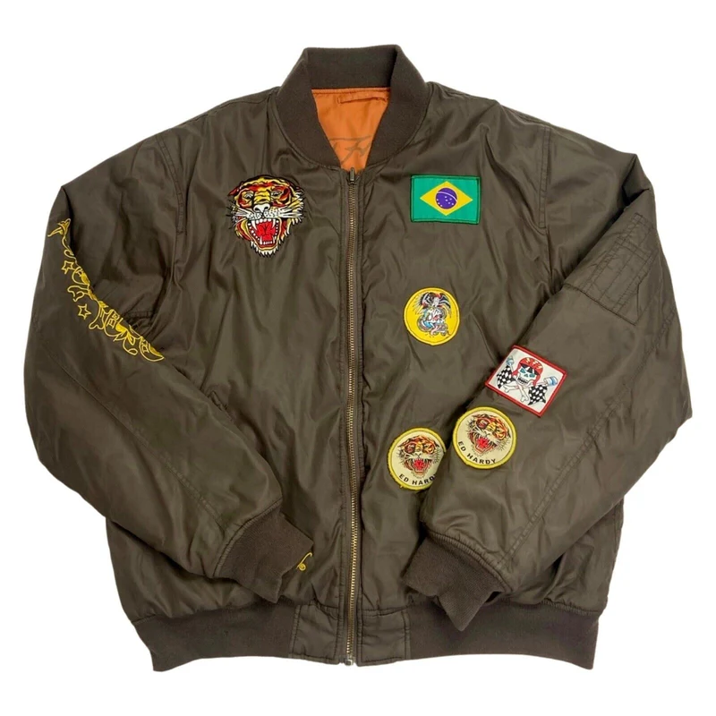 Vintage Y2K Khaki Green Orange Reversible Ed Hardy Bomber Jacket Extra Large