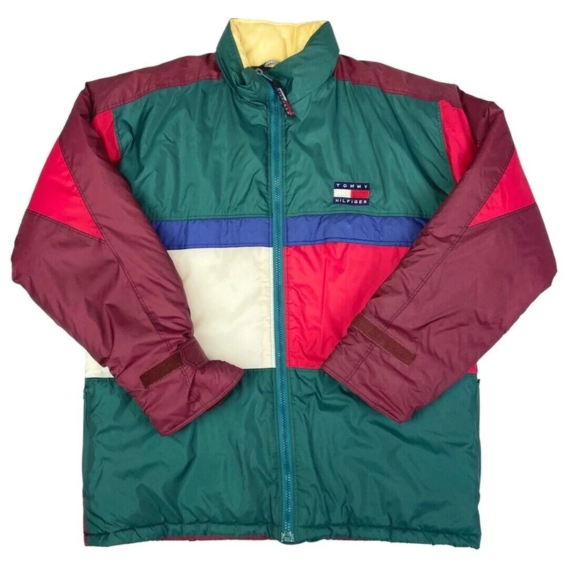 Vintage 90s Red Green Tommy Hilfiger Embroidered Puffa Coat XXL