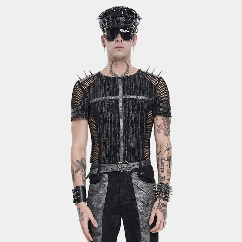 Herrtopp med punkmönster och nitar, kortärmad mesh-splice