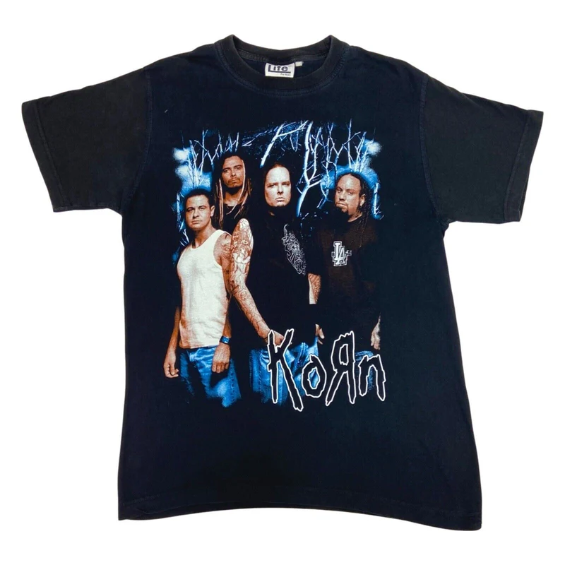 Vintage 90s Black Blue Korn Graphic Print T-shirt M