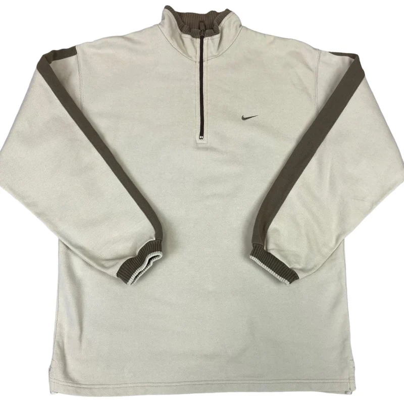 Vintage 90s Cream Waffle Fabric Embroidered Nike 1/4 Zip Jumper L