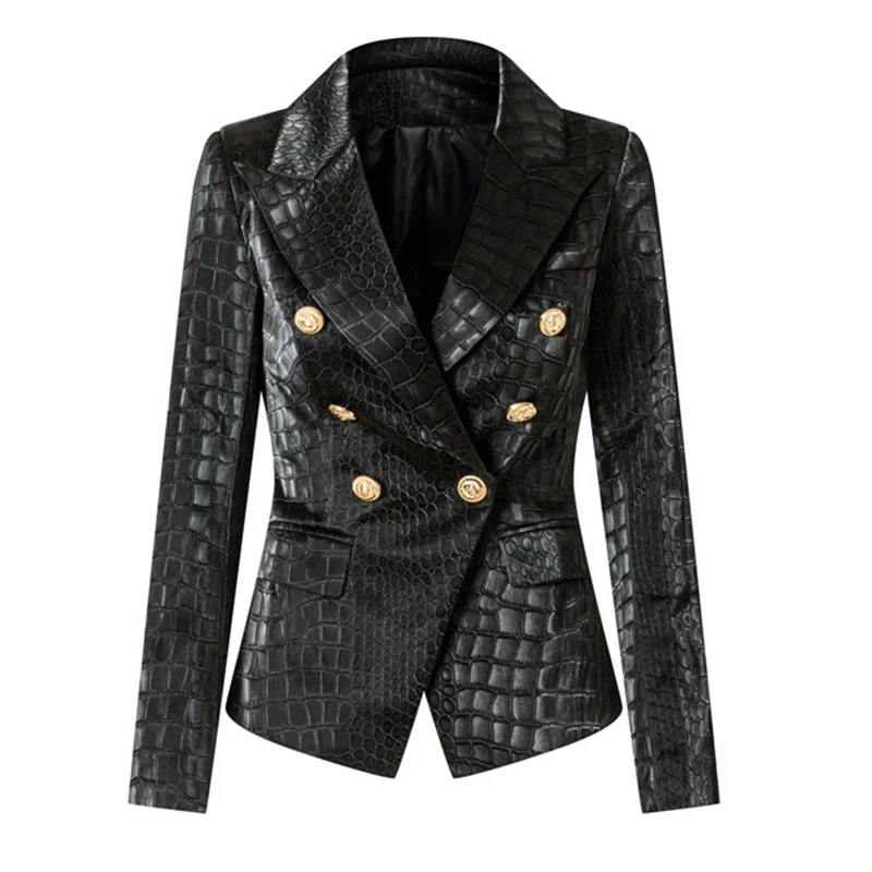 Double Breasted Black Leather Blazer