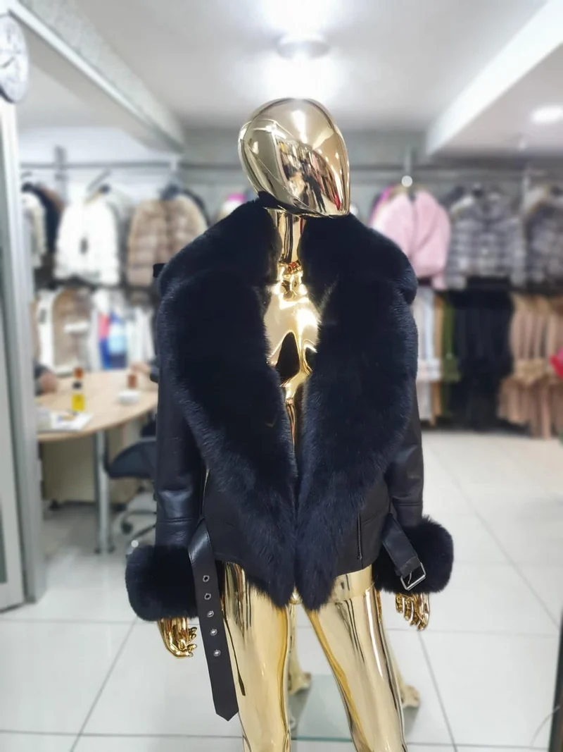 Fox Fur Genuine Leather Jacket in black