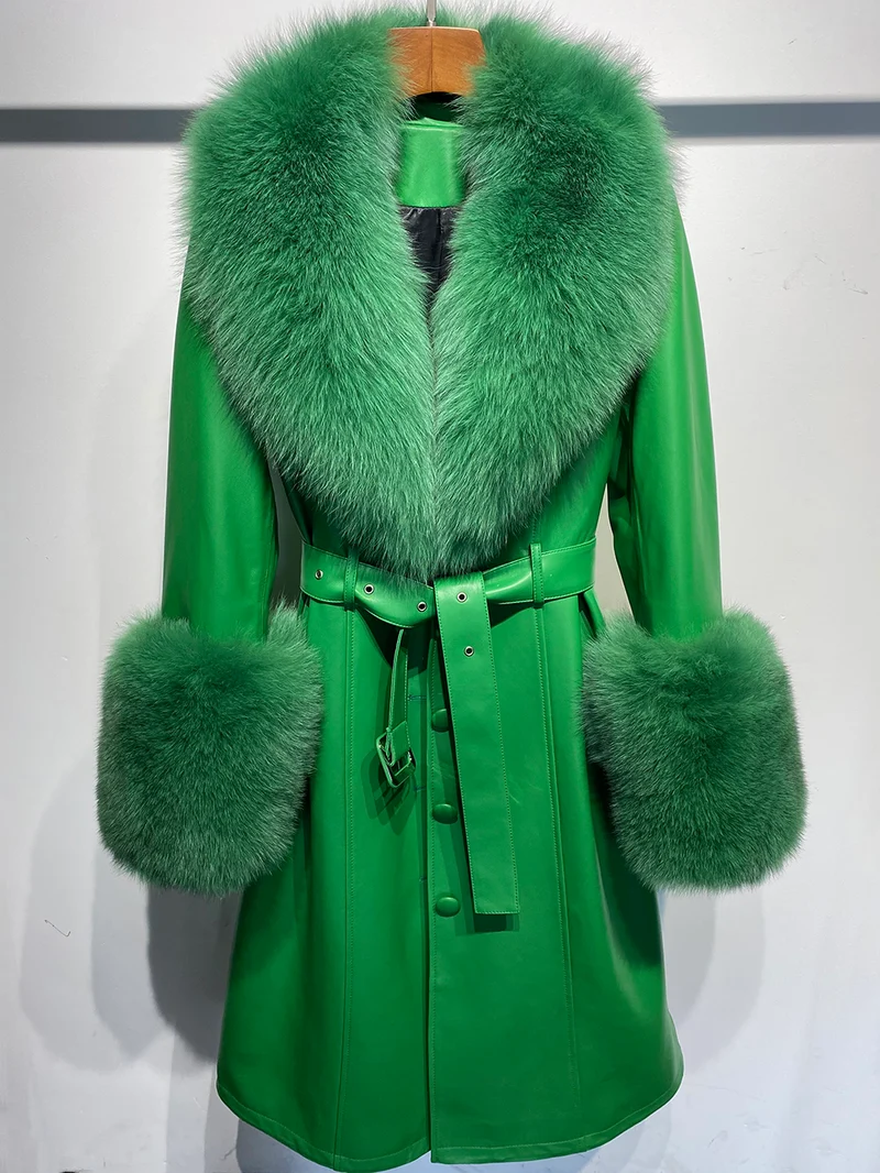 Fox Fur Genuine Leather Coat in green