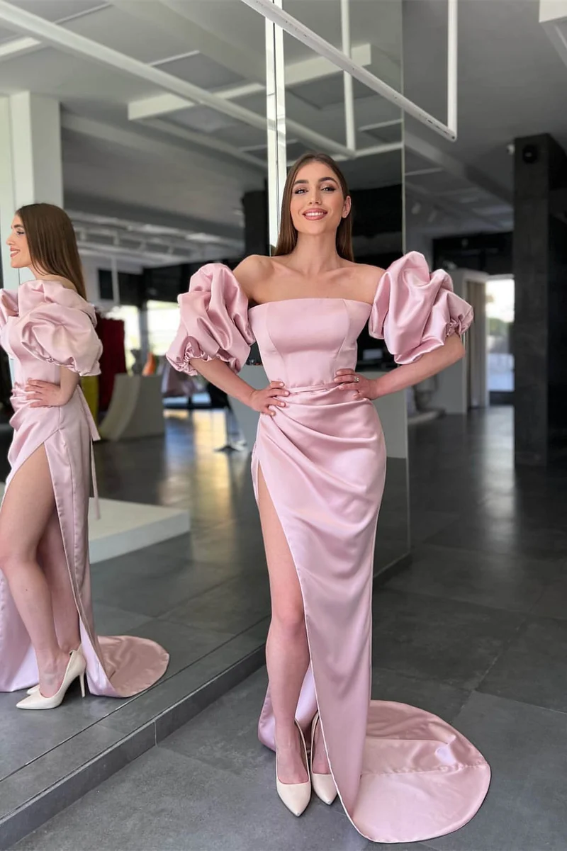 Elegant rosa axelbandslös sjöjungfrubalklänning med slits och ärmar