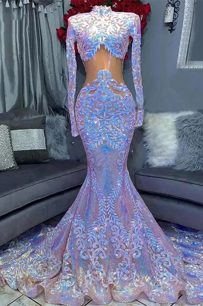Elegant Hög Hals Långärmad Paljett Spets Sjöjungfrubalklänning