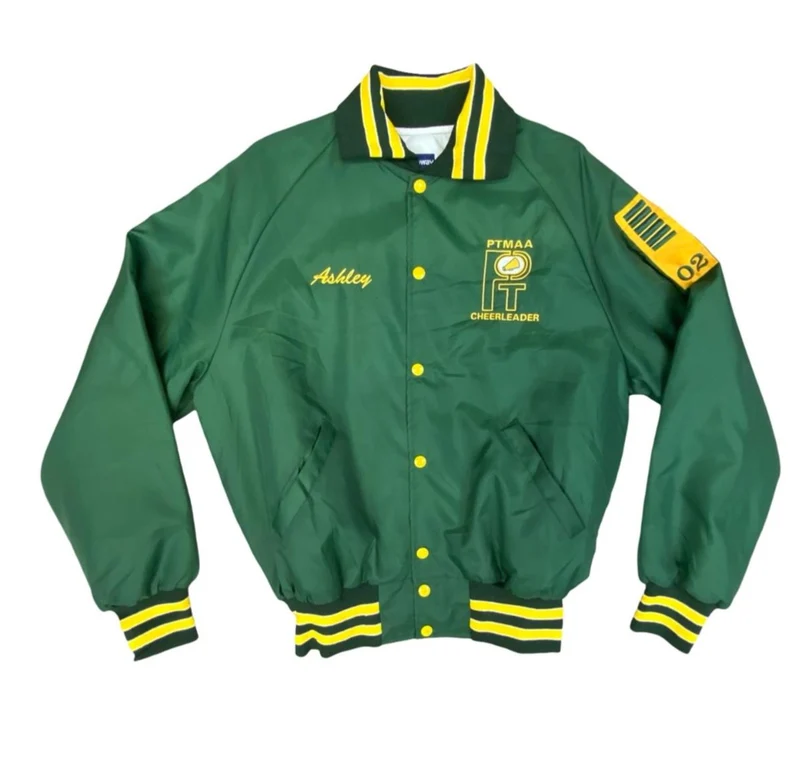 Vtg USA Green & Yellow Penn Trafford Cheerleaders Silky Nylon Varsity Jacket L