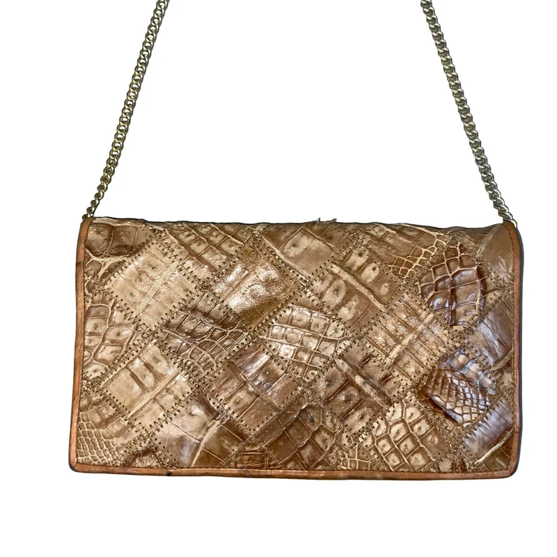 Vtg Brown Patchwork Croc Snake Embossed Boho Clutch Gold Chain Shoulder Bag