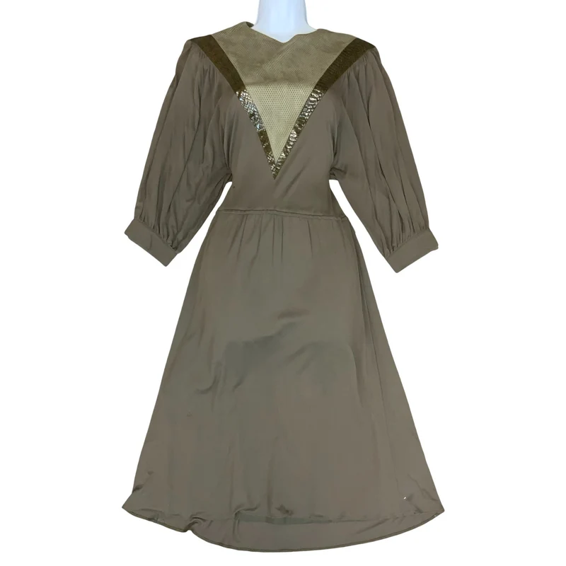 Vtg 80s 'Louis Feraud' Brown Bronze Faux Snake Luxurious Party Aline Dress UK 8