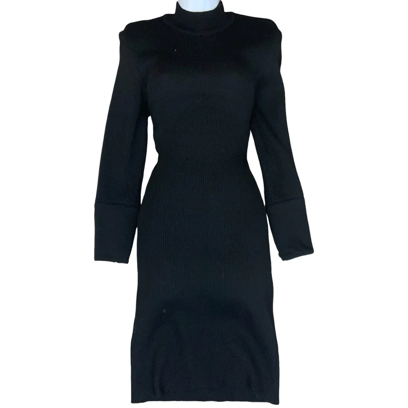 'Miss Chloe' Black French Luxury Designer Classic Fitted Ribbed Midi Dress UK 8
